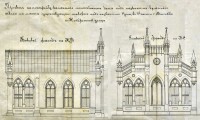 Первоначальный проект строительства Купеческого молитвенного дома (внешний вид, планы нижнего и верхнего этажей, 1909 г
