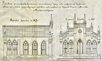Первоначальный проект строительства Купеческого молитвенного дома (внешний вид, планы нижнего и верхнего этажей, 1909 г